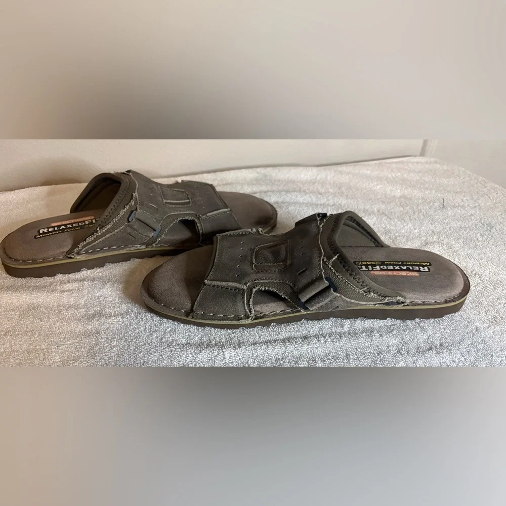 SKECHERS 360 RELAXED FIT SLIDE  SLIP ON GRAY CANVAS SANDALS MENS SIZE 11